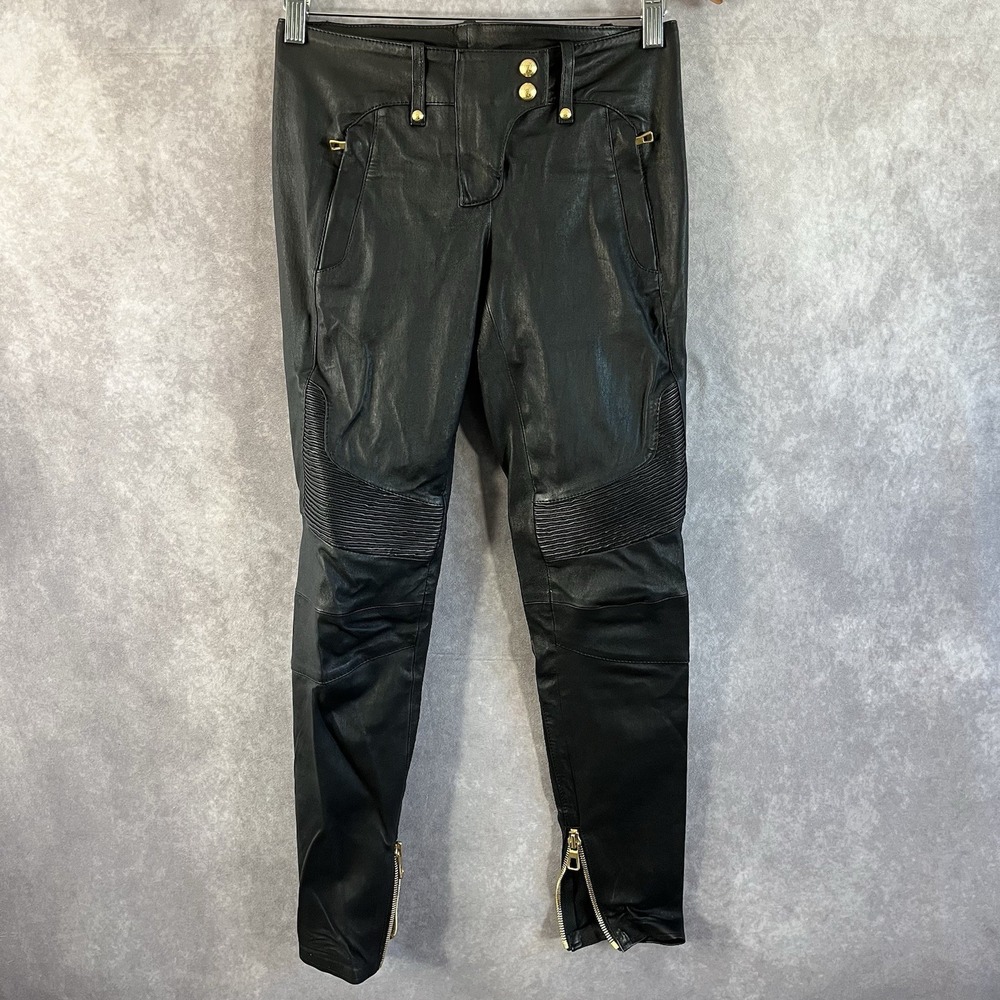 Balmain X H&M Pants Women 4 Black Leather Biker Gold Buttons Zipper Pockets